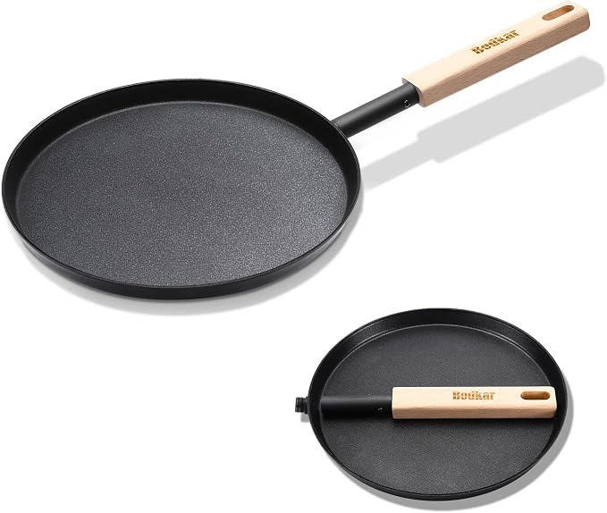 bodkar Frying Pan Skillet Pre-Seasoned 8-inch Flat Griddle Pan | Lightweight Grill Pan with Wooden Handle for Camping Indoor Outdoor Cooking (Black, 8-inch)