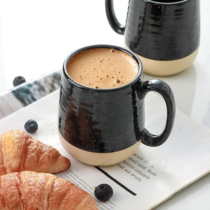 HASENSE Coffee Mugs Set of 4, 15 Ounce Ceramic Coffee Cups with Handles, Porcelain Large Latte Mug for Coffee Cappuccino Tea, Black Mugs for Men, Women Christmas Holiday Gift