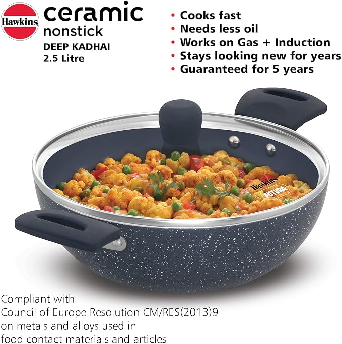 HAWKINS Ceramic Nonstick 2.5 Litre Deep Kadhai, Induction Deep Fry Pan with Glass Lid, Granite Kadai (ICK25G)