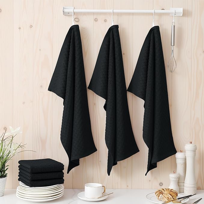 Homaxy 100% Cotton Terry Kitchen Towels(15" x 25", 4 Pack), Black | Soft and Super Absorbent Dish Towels, 380 GSM Reusable Tea Towel with Hanging Loop, Pineapple Grid Designed