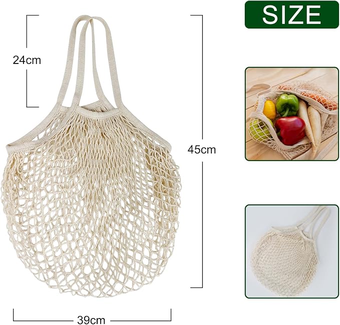 2-Pack Reusable Mesh Grocery Bags, 100% Cotton String, Long Handle Produce Bags, Fruit & Veggie Storage