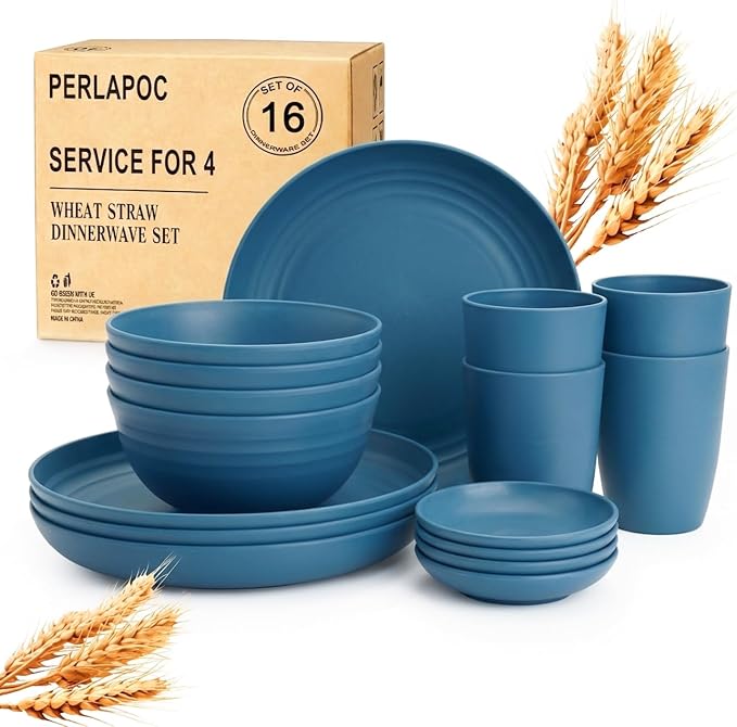 16 PCS Wheat Straw Plates and Bowls Sets,Kids Dishes Dinnerware Sets for 4,Unbreakable Kitchen Plates and Bowls Set for Travel Dishwasher & Microwave Safe Lightweight Dishes Set - DeepBlue