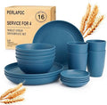 16 PCS Wheat Straw Plates and Bowls Sets,Kids Dishes Dinnerware Sets for 4,Unbreakable Kitchen Plates and Bowls Set for Travel Dishwasher & Microwave Safe Lightweight Dishes Set - DeepBlue