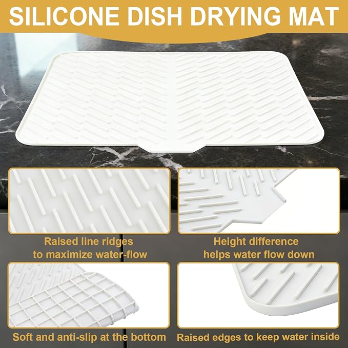 Silicone Dish Drying Mat for Kitchen Counter, 23" x 17" White-1pcs | Heat Resistant & Non-Slip Dish Drain Pad with Built-In Drain, Quick-Dry, Hangable & Roll-Up for Storage，Multi-Functional Use