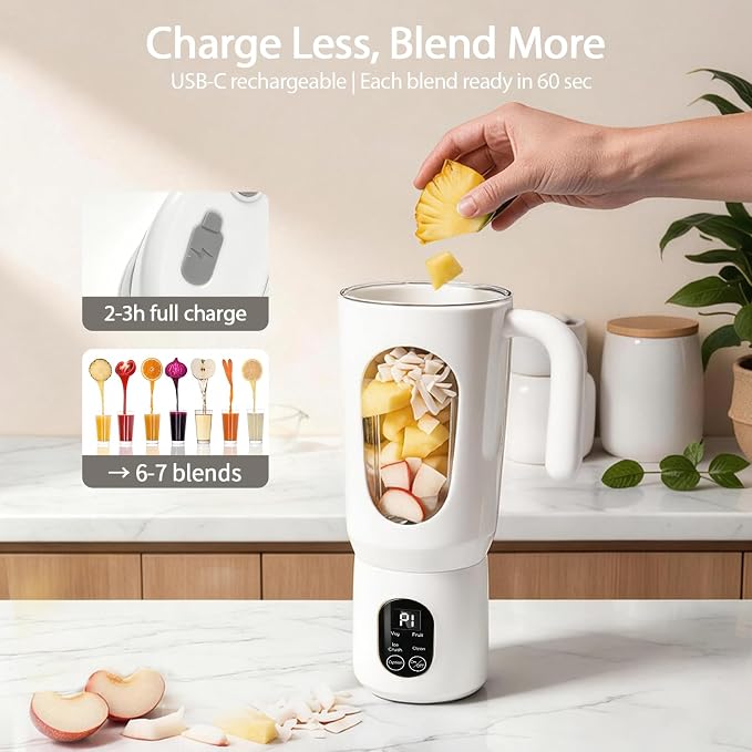 Personal Blender for Smoothies, 580ML USB-C Rechargeable | Portable Blender Cup, 12-Blade Smoothie Maker with Travel Lid, Handle & LED Display for Gym, Office, Travel and Outdoor