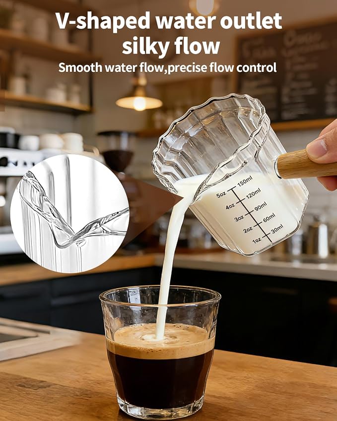 Espresso Measuring Cup 5 Oz, Espresso Glass Cups with Wood Handle, Milk Frothing Cup, Espresso Cup for Coffee, Milk, Tea or Maple Syrup Serving (Transparent, 5 oz)