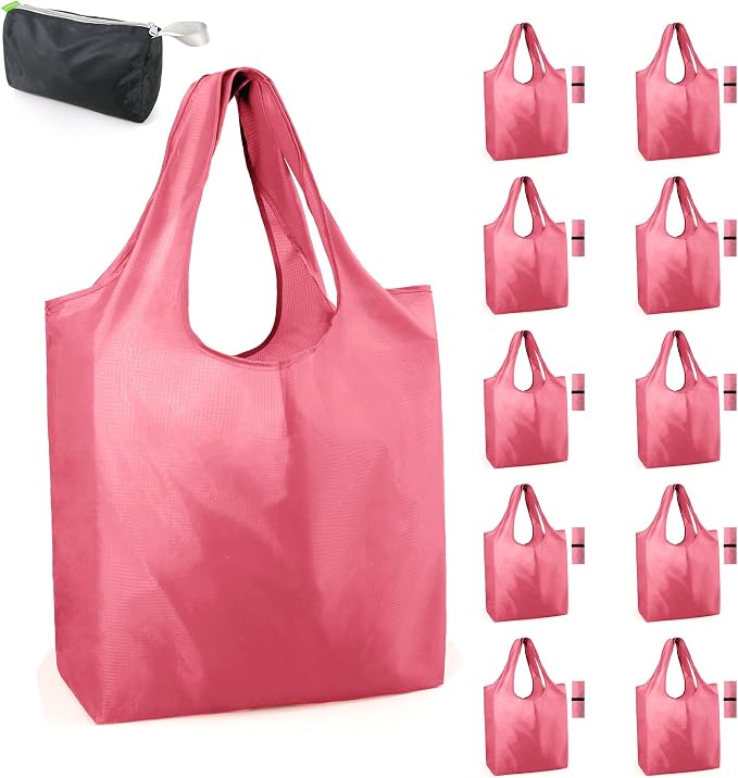 BeeGreen Pink Reusable Grocery Bags with Elastic Band Pink Reusable Shopping Bags Bulk 50LBS X-Large Foldable-Machine Washable-Heavy Duty 10 Pieces