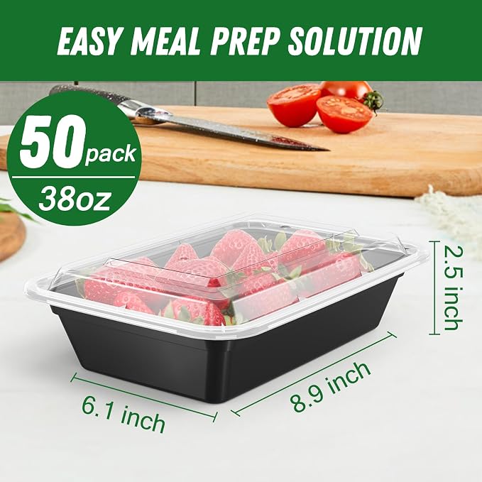 Dealusy 50 Pack (100-Piece) 38 oz Meal Prep Containers Reusable with Lids | Sturdy Leakproof & Food Safe, Microwave, Freezer, Dishwasher Safe Prep Containers, To Go Take Out Plastic Food Storage