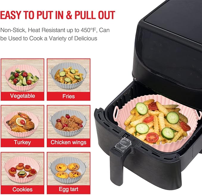 2 Pack Air Fryer Silicone Liners Pot for 3 to 5 QT, Air Fryer Silicone Basket Bowl, Replacement of Flammable Parchment Paper, Reusable Baking Tray Oven Accessories, Pink+Grey, (Top 8in, Bottom 6.75in)