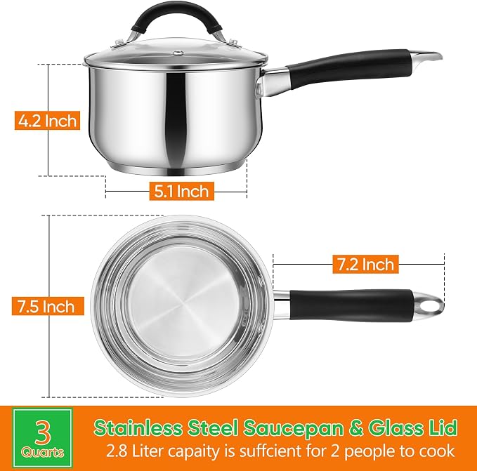 P&P CHEF 3 Quart Stainless Steel Sauce Pan Pot with Lid, Small Saucepan | For Induction Cooking & Multi Stoves, Multipurpose Pot with Visible Glass Lid & Silicone Handle, Rust Free & Dishwasher Use
