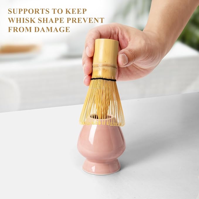 Matcha Whisk Set Pink, Matcha Making Kit Whisk (Chasen Holder), Ceramic Whisk Holder, Bamboo Scoop, Powder Starter Sifter, Spoon Japanese Tea Tools For Ceremony Gift
