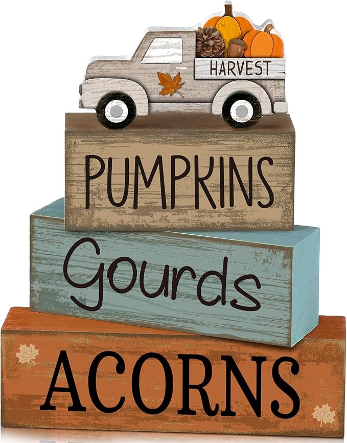 Lineshading 4 Pcs Fall Table Decoration for Home Rutic Fall Truck Decor | Rustic Farmhouse Block Signs, Stackable Pumpkins Gourds Acorns Design, Harvest Truck Theme for Seasonal Home Decor