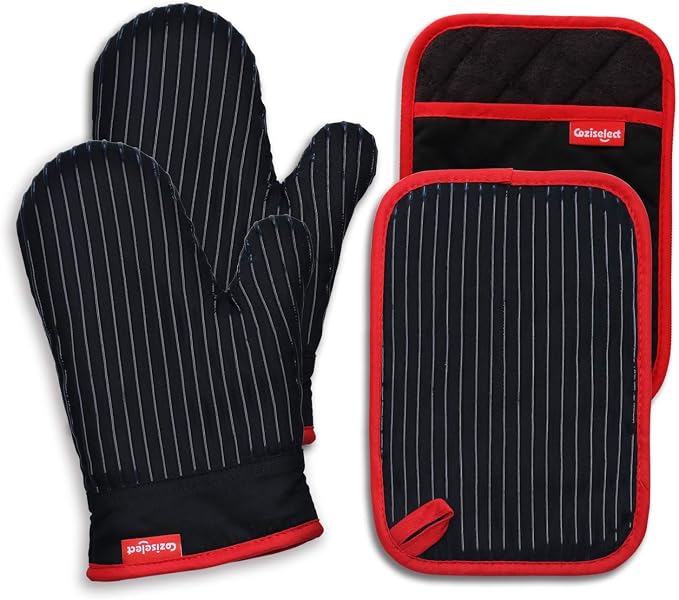 Oven Mitts and Pot Holders Set, Cooking Mitts, Heat Resistant Cooking Mitts and Pot Holders, Silicon Oven Gloves Set for Kitchen, Pure Cotton and Terrycloth Lining, Black, 4 Pcs Set