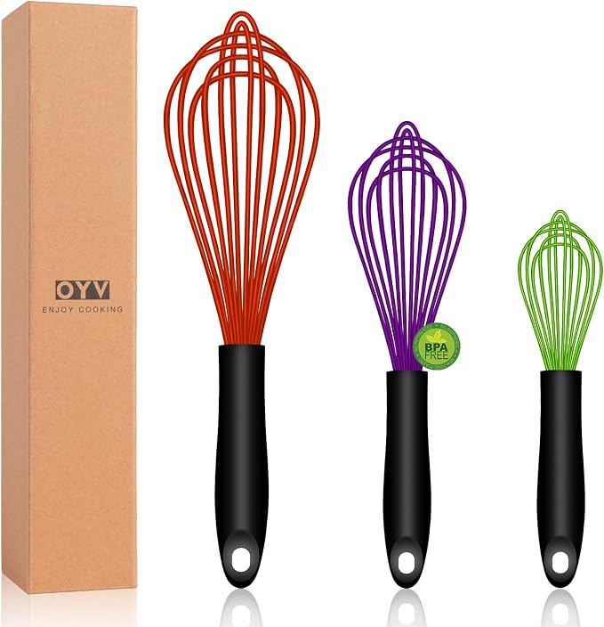 OYV Silicone Whisk Set of 3, 8/10/12 Inch, Dishwasher Safe,Red/Purple/Green | Sealed Waterproof Handles, Non-Scratch Silicone-Coated Wires, Nonstick-Safe, Durable Stainless Steel Cores, Easy To Clean