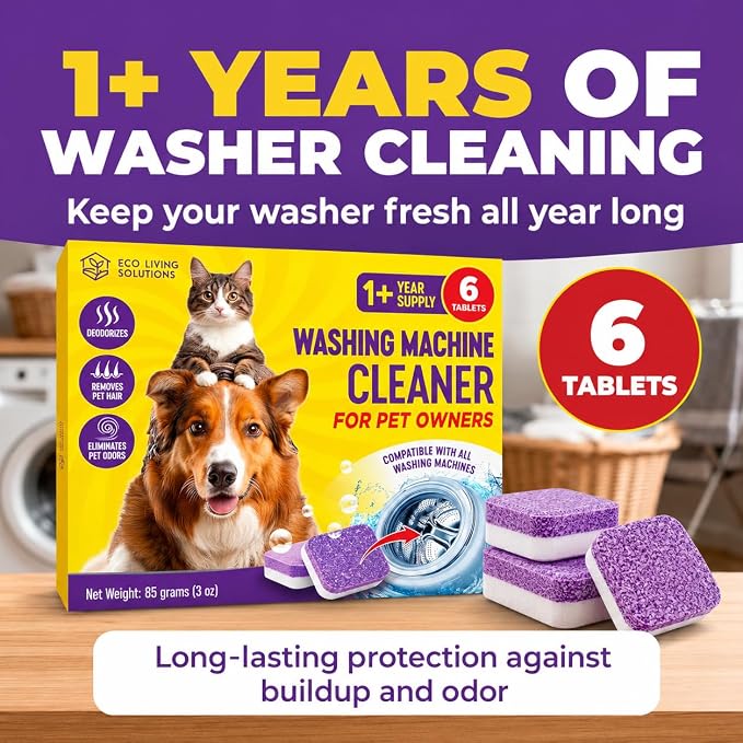 ECO LIVING SOLUTIONS Washing Machine Cleaner Tablets for Pet Owners, Front&Top Load Washer Deep Cleaning, HE & Septic Tank Safe, Remove Pet Hair, Eliminates Smells, Prevents Dander Build-up (6)