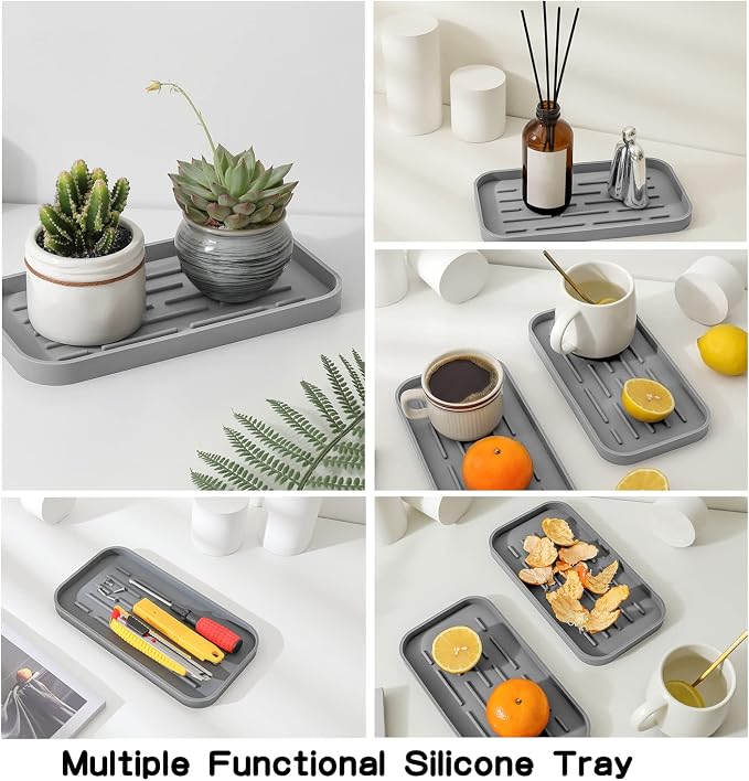 MicoYang Silicone Kitchen Sink Organizer Tray for Multiple Usage,Eco-Friendly Sponges Holder for Kitchen Bathroom Counter or Sink,Dish Soap Dispenser,Scrubber,Bottle,Cup (Grey, 10"×5.3")