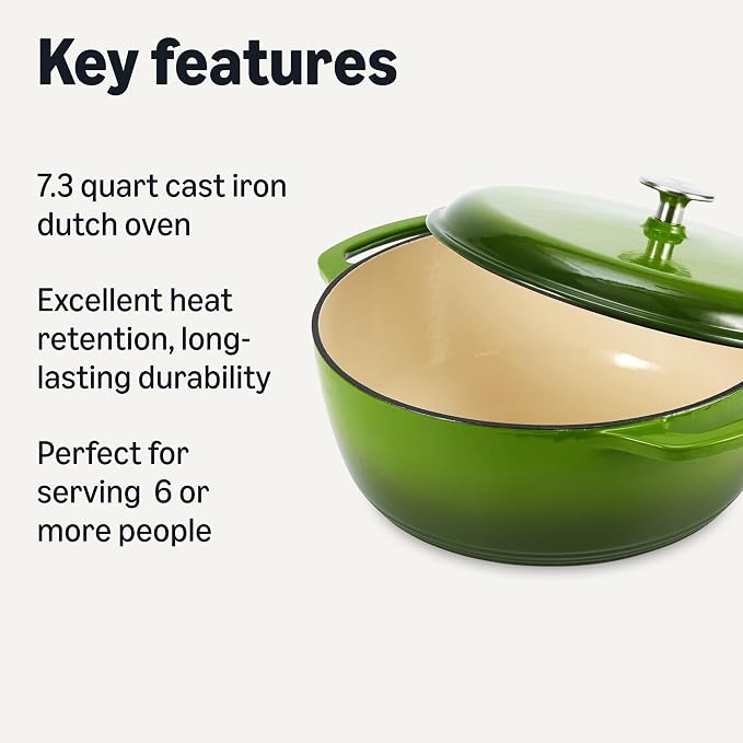 Amazon Basics Enameled Cast Iron Dutch Oven Pot with Lid, Round, Dual Handles, Heavy-Duty, Oven Safe for Stews, Roasting, Baking, 7.3-Quart, Green