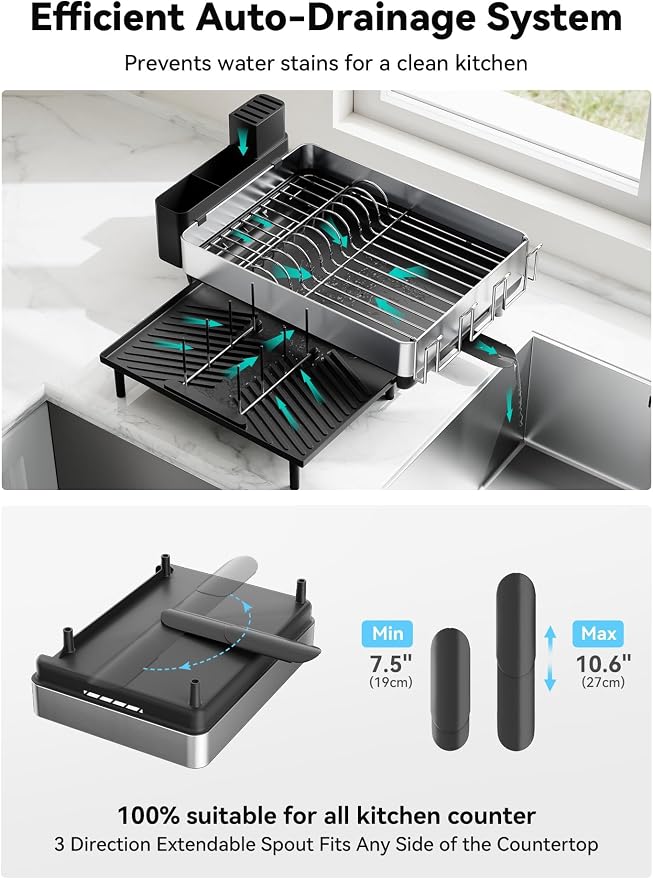Large Dish Drying Rack, Expandable Dish Racks for Kitchen Counter, Space Saving 304 Stainless Steel Drying Rack Kitchen, Extra Large Drainer with Multifunctional Flip Up Pegs, Black