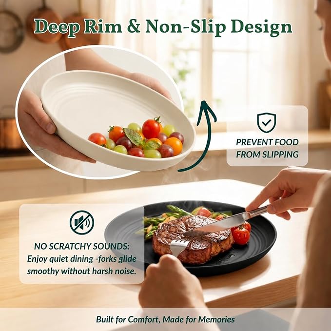 Wheat Straw Plates Set of 8, Reusable Lightweight and Unbreakable 9 inch Plates, Premium Microwave and Dishwasher Safe Plates for Kitchen, Camping, Picnic, Party - GreyStone