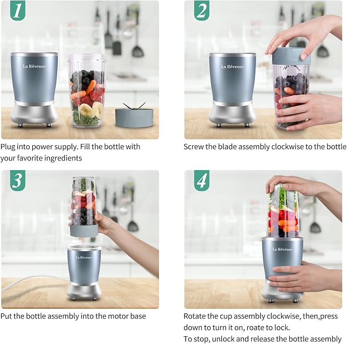 La Reveuse Personal Smoothie Blender, 7 Pieces Set, 250W, Pearl Blue | for Shakes Smoothies Dips Sauces, BPA-free, Push to Blend, (1) 15oz Cup, (1) 10oz Mug, Dishwasher Safe, Compact, LARB2501L