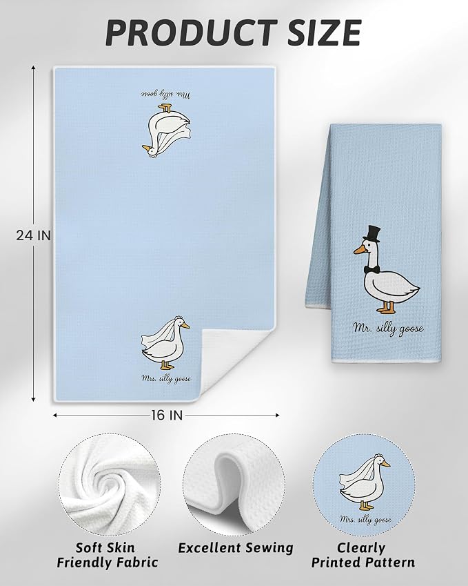 Funny Mr and Mrs Goose Blue Kitchen Towels 16x24 Inch, Wedding Gifts for Couples Newlyweds Dish Tea Towels for Kitchen Decor, Just Married Gifts Decorative Hand Towel for Bathroom, Set of 2