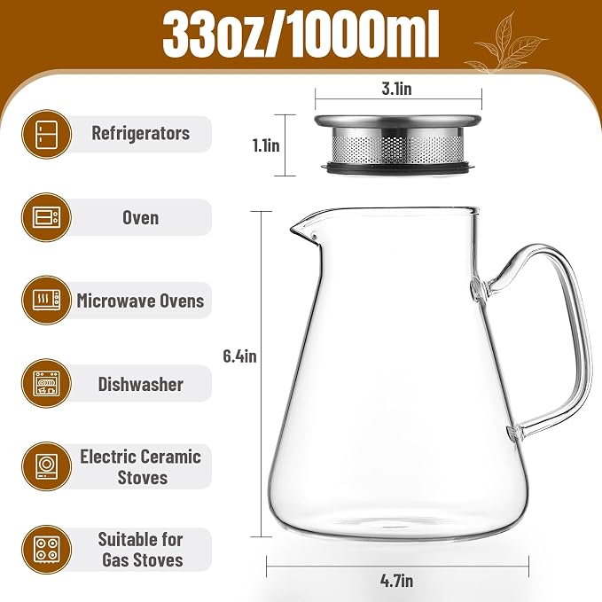 Baalaka Glass Teapot with Infuser, Stovetop Glass Tea Kettle, 33oz/1000ml | One-touch borosilicate loose leaf tea steeper with removable steel filter lid; glass body works in microwave and dishwasher