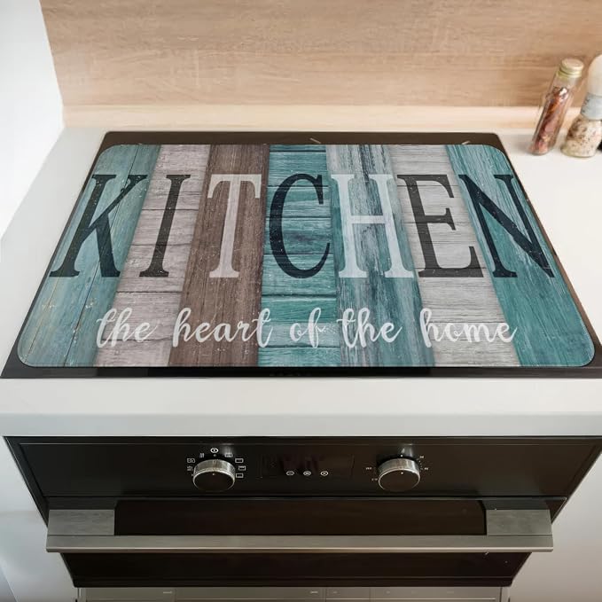 Farmhouse Stove Top Cover for Electric Stoves,Teal and Brown Wooden Farmhouse Turquoise Stove Top Cover for Kitchen Decor,Heat Resistant Cooktop Protector Mat,Non-Slip Washable Dish Drying Mat 28"x20"