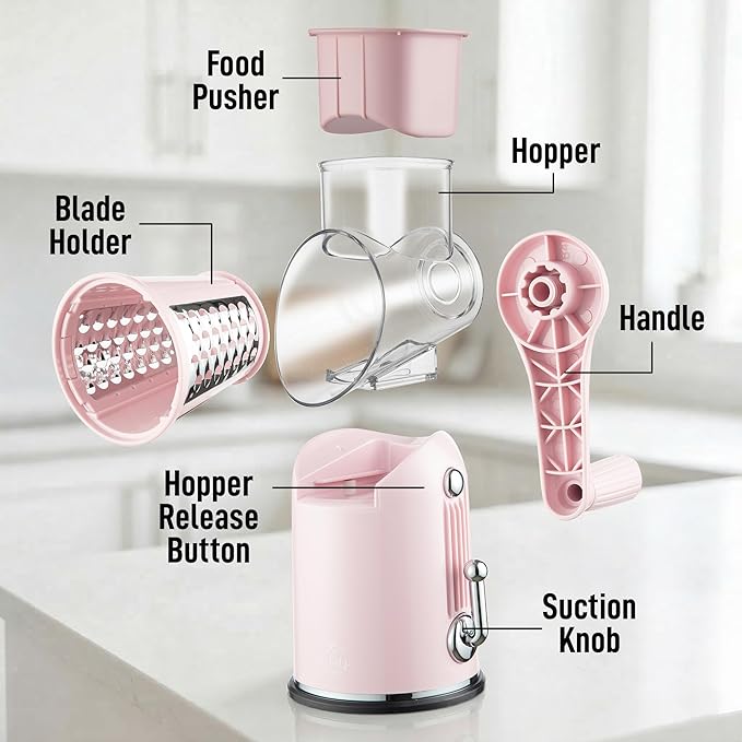 Zulay Kitchen Rotary Cheese Grater 5 Blade Cheese Shredder - Manual Hand Crank Cheese Grater With Reinforced Suction & 5 Interchangeable Drums - Easy to Use, Vegetable Chopper Round Mandoline Slicer