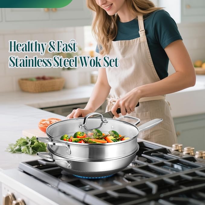 AOSION Hybrid 13 Inch Wok with Steamer, Nonstick Stainless Steel Wok | Wok Pan & Stir-Fry Pans