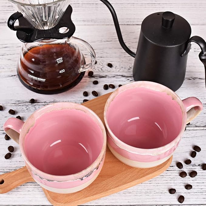 Bosmarlin Large Ceramic Coffee Mug Set of 2, Stoneware Jumbo Latte Mugs Tea for Office and Home, 16 Oz, Dishwasher and Microwave Safe(Pink, 2)
