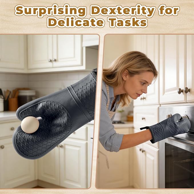 Heat Resistant Silicone Oven Mitts, Up to 500°F Protection for Baking & Grilling, 1 Pair (Grey, Extra Thick)