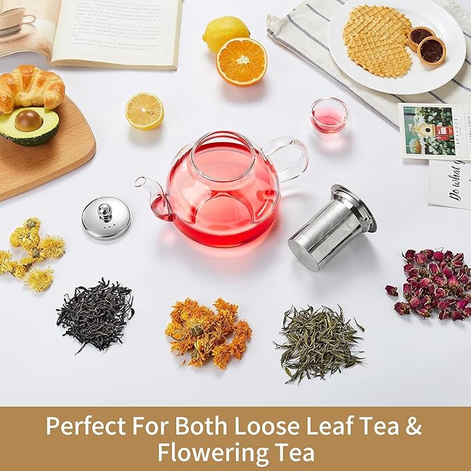 DOPUDO 42OZ (1250ML) Glass Teapot with Infuser Stovetop Safe, Clear Glass Tea Pot Kettle, Borosilicate Tea Pot with Infusers Filter for Loose Tea, Tea Kettle Dishwasher Safe