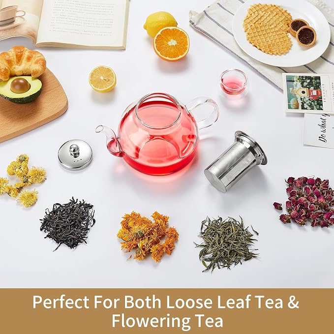 DOPUDO 41OZ (1200ML) Glass Teapot with Infuser Stovetop Safe, Clear Glass Tea Pot Kettle, Borosilicate Tea Pot with Infusers Filter for Loose Tea, Tea Kettle Dishwasher Safe