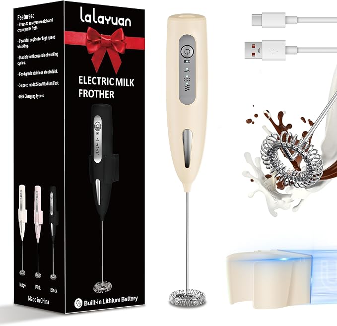 Electric Milk Frother, Three speed adjustment, USB Rechargeable Cordless Hand Blender with Sticky Stand Included, Portable Kitchen Stainless Steel Egg Beater, Mixed Drinks, Coffee Stirrers (Beige set)