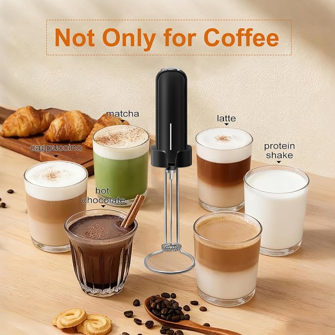 Milk Frother Handheld Battery Operated, Electric Whisk Foam Maker, Handheld Drink Mixer, Mini Frother Wand with Stainless Steel Whisk for Coffee, Cappuccinos, With Stand and Storage Hook