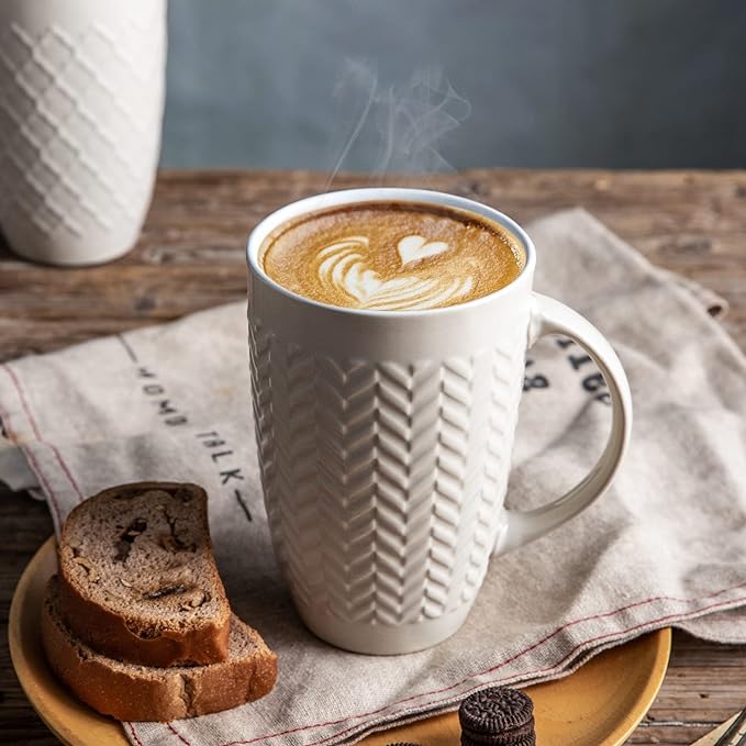 AmorArc 20 oz Large Coffee Mugs Set of 6, Tall Ceramic Coffee Cups-Beige | 3 Assorted Designs, Embossed Ceramic Coffee Mugs with Large Handle for Coffee/Tea/Cappuccino, Dishwasher&Microwave Safe