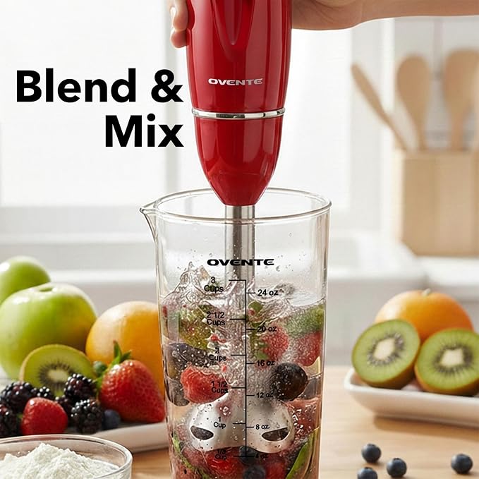 OVENTE Electric Hand Blender Set with 2 Mixing Speeds, 300W Red HS565R | Corded Immersion Handheld Stick Mixer with Stainless Steel Blades, Egg Whisk, Beaker & BPA-Free Food Chopper
