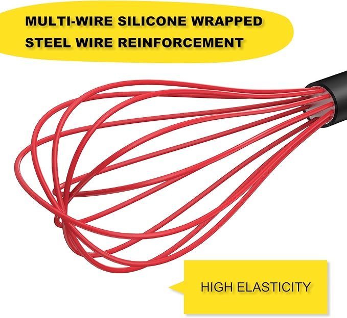 NileHome Silicone Whisk 10", Kitchen Whisk Kitchen Wisk Wire Whisks for Cooking, Whisking, Blending, Beating, Stirring-Red