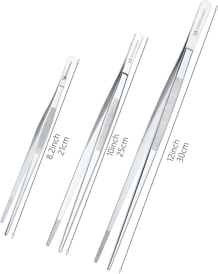 Set of 3 Kitchen Tweezers Fine Tweezer Tongs, MSY BIGSUNNY Stainless Steel Food Tweezers, Precision Serrated Tips Food Tongs (8.5" 10" and 12")