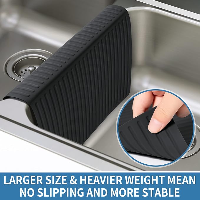 Bligli Silicone Sink Saddle, Large and Durable Sink Divider Mat with No Suction Cups, Kitchen Divided Sink Protector Mat for Glassware Dishes, Easy to Clean and No Smell, 11.8" x 18" (Black)