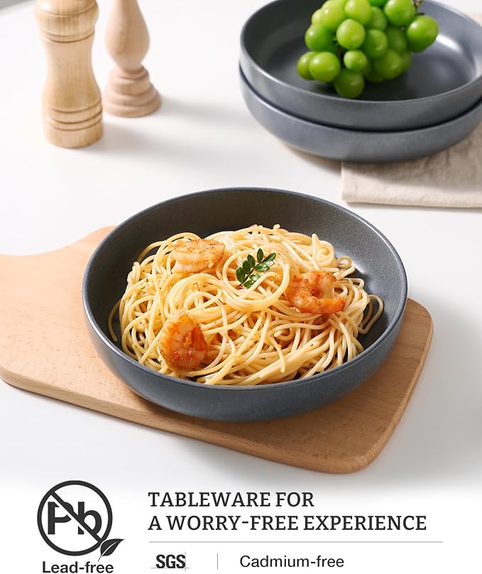 famiware Milkyway 33 oz Pasta Bowls Set of 4, Matte Dark Charcoal | Double Reactive Glaze, Scratch-Resistant Stoneware Salad Bowls, Stackable, Dishwasher & Microwave Safe, Lead-Free