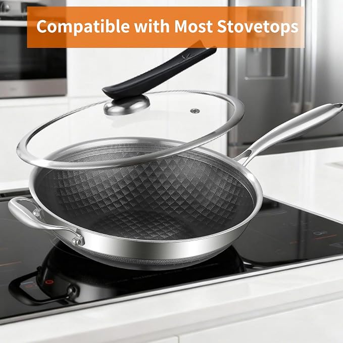DELARLO 12-Inch Tri-Ply Stainless Steel Nonstick Wok with Lid, Induction | Tri-ply wok heats evenly, works with induction, and is dishwasher and oven safe up to 650°F for versatile cooking.