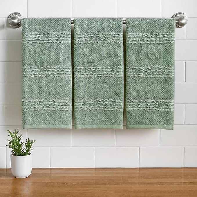 Sage Green Kitchen Hand Dish Towels, Set of 3, 100% Cotton, 18" x 28" | Modern Farmhouse Textured Stripe Weave, Oversized Dish Cloth, Soft & Absorbent, Quick Dry, Multipurpose Everyday Use