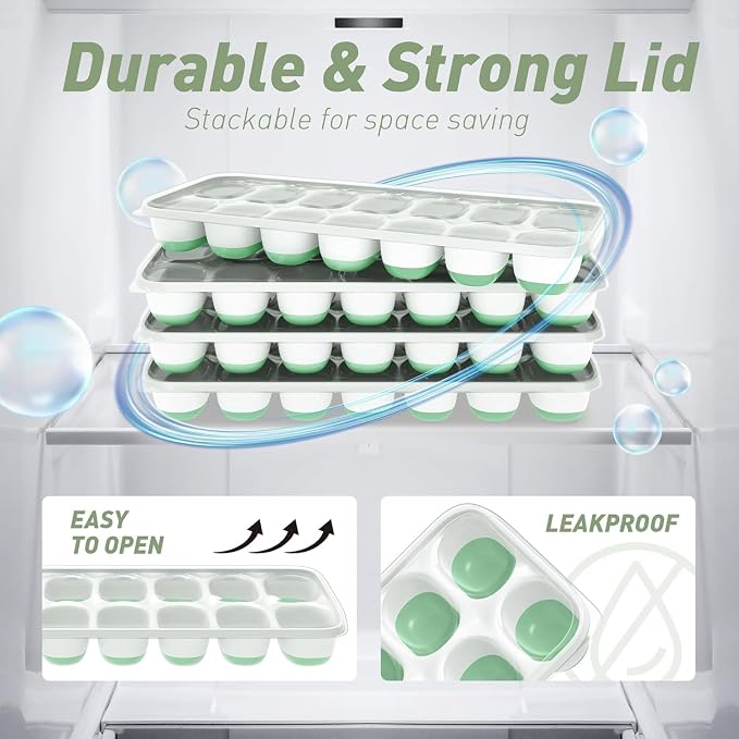 ChefAide Ice Cube Tray with Lid and Bin, 3 Packs 42 Cubes Silicone Plastic Ice Cube Trays for Freezer, Stackable Ice Tray with Container, Ice Scoop for Drinks, Coffee and Cocktails