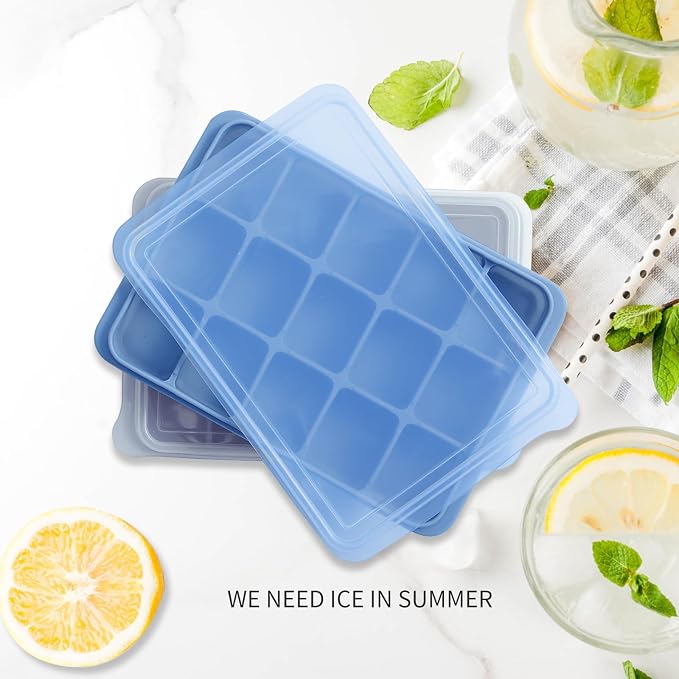 Tvmania Ice Cube Trays Set of 2, 15-Cube Silicone Molds with Removable Lids | Stackable, easy release, BPA-free, reusable, for freezer and whiskey