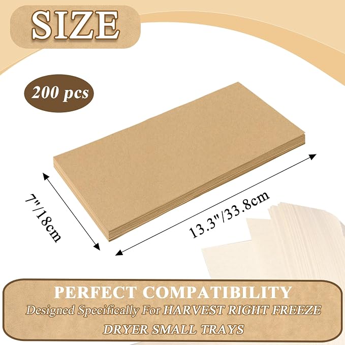 200 PCS Freeze Dryer Tray Mats for Harvest Right Freeze Dryer Trays, Non-Stick Baking Mats One-Off Parchment Paper Compatible with Harvest Right Freeze Dryer Trays (Small - 13.3" x 7")