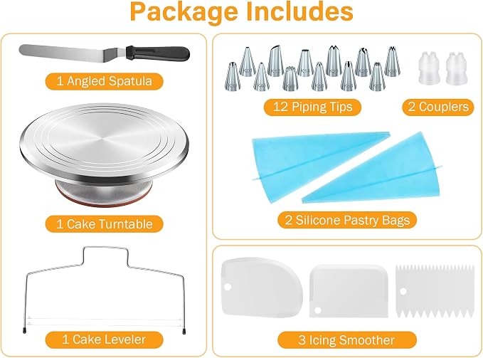 Kootek 22 Aluminum Cake Stand Turntable Set for Decorating Baking Kit, 12" | Beginner-friendly, Baking Supplies Tools with Cake Stand Turntable for Decorating and Display, 3 Icing Scrapers, Cake Leveler