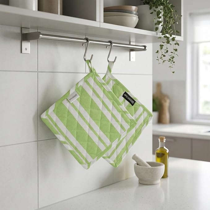 Encasa XO Pot Holders, Quilted Kitchen Hot Pads 8"x8" Franca Lime Stripes | 100% Eco-Friendly Cotton | Thick Cotton Padding Insulation | Convenient Hanging Loop | Set of 2