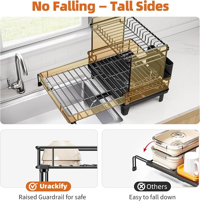 Urackify Expandable Sink Dish Drying Rack for Kitchen Counter, 2-Tier Black | Large Dish Racks, Sink Dish Drainer, Rustproof Dish Strainer with Utensil Holder, 12.3"-20.5" L x 15"W