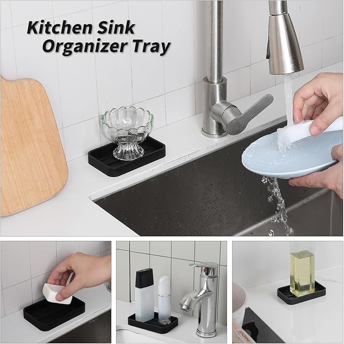 MicoYang Silicone Kitchen Sink Organizer Tray for Multiple Usage,Easy Clean Sponges Holder for Kitchen Bathroom Counter or Sink,Dish Soap Dispenser,Scrubber,Bottle,Cup Black 4.9”x 3.2”